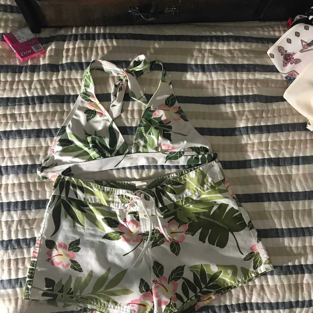 floral bathing suit top and shorts